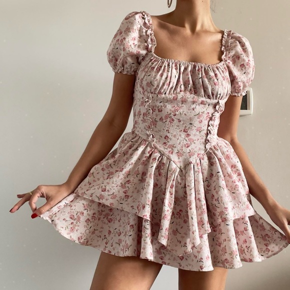 Romantic Drop Waist Pink Floral Milkmaid Ruffle Puff Sleeve Mini Dress | Size S - Picture 1 of 8